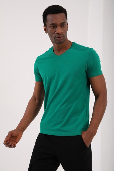 TommyLife - Koyu Yeşil Basic Kısa Kol Standart Kalıp V Yaka Erkek T-Shirt - 87912