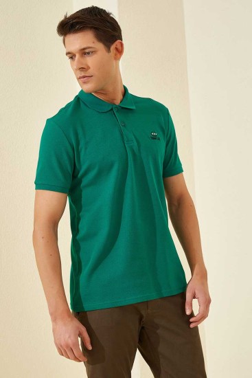 TommyLife - Koyu Yeşil Basic Logolu Standart Kalıp Triko Polo Yaka Erkek T-Shirt - 87748
