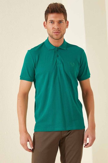 TommyLife - Koyu Yeşil Klasik Black Yazı Nakışlı Standart Kalıp Polo Yaka Erkek T-Shirt - 87760