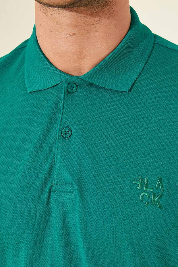 Koyu Yeşil Klasik Black Yazı Nakışlı Standart Kalıp Polo Yaka Erkek T-Shirt - 87760 - Thumbnail