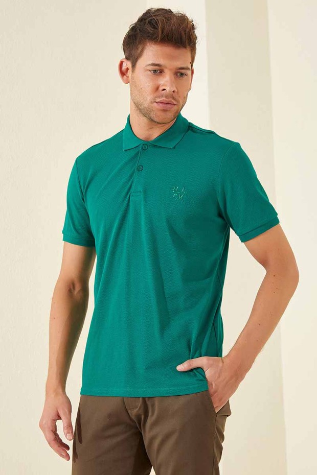 Koyu Yeşil Klasik Black Yazı Nakışlı Standart Kalıp Polo Yaka Erkek T-Shirt - 87760