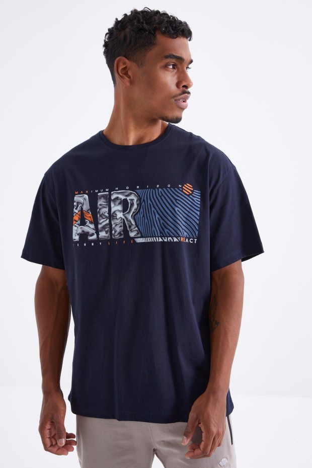 Lacivert Air Baskılı O Yaka Erkek Oversize T-Shirt - 88097