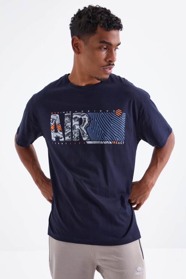 Lacivert Air Baskılı O Yaka Erkek Oversize T-Shirt - 88097