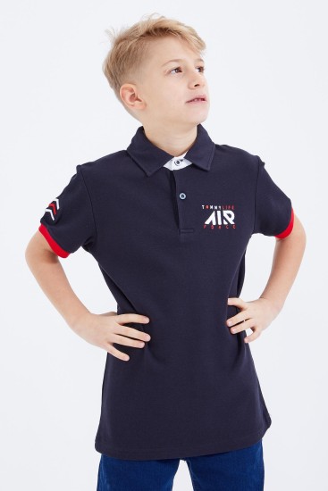 TommyLife - Lacivert Air Yazılı Standart Kalıp Polo Yaka Erkek Çocuk T-Shirt - 10894