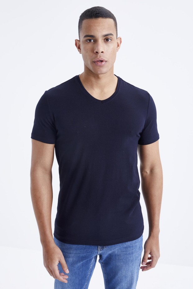Lacivert Basic Kısa Kol Standart Kalıp V Yaka Erkek T-Shirt - 87912