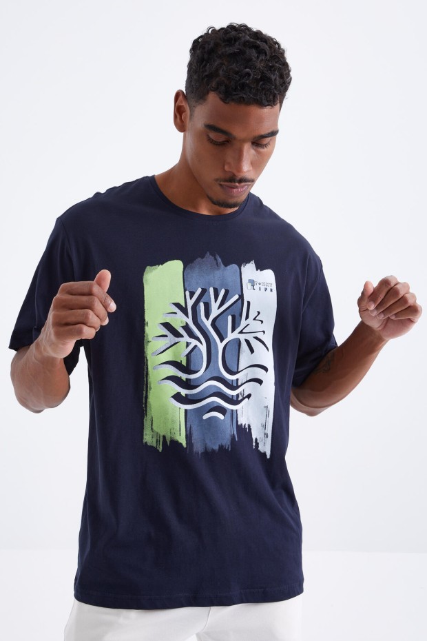 Lacivert Büyük Baskılı O Yaka Erkek Oversize T-Shirt - 88095