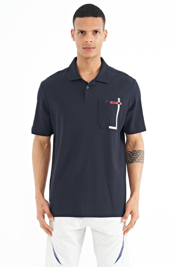 Lacivert Cep Detaylı Baskılı Standart Kalıp Polo Yaka Erkek T-Shirt - 88241