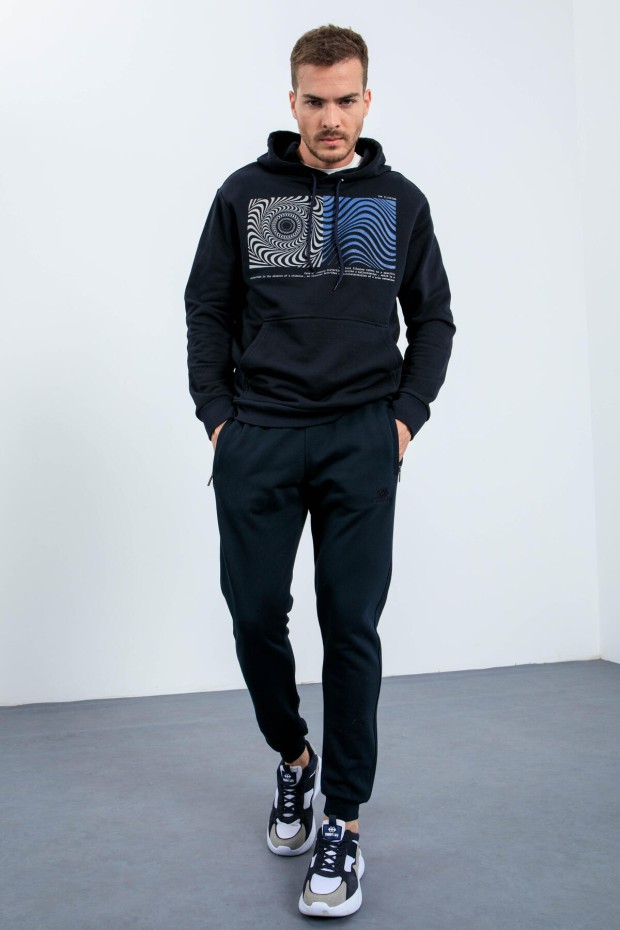 Lacivert Desen Baskılı Kapüşonlu Rahat Form Erkek Sweatshirt - 88030