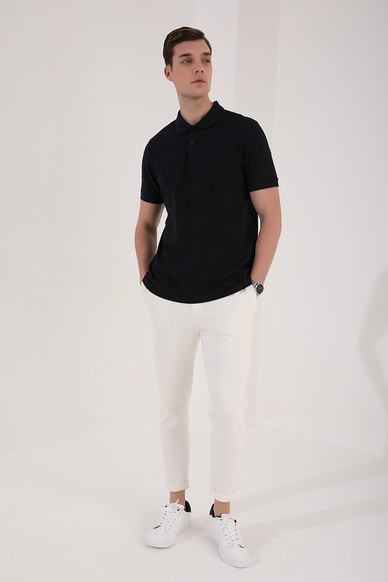 Lacivert Klasik Black Yazı Nakışlı Standart Kalıp Polo Yaka Erkek T-Shirt - 87760