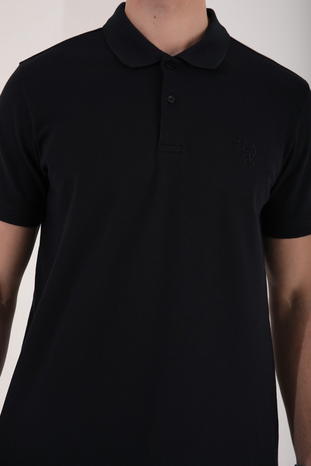 Lacivert Klasik Black Yazı Nakışlı Standart Kalıp Polo Yaka Erkek T-Shirt - 87760 - Thumbnail
