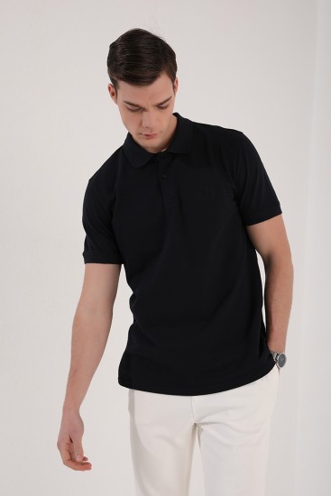 TommyLife - Lacivert Klasik Black Yazı Nakışlı Standart Kalıp Polo Yaka Erkek T-Shirt - 87760