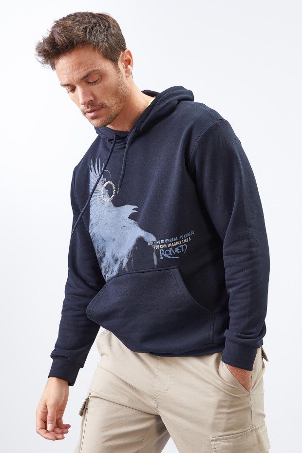 Lacivert Kuzgun Baskılı Kapüşonlu Kanguru Cepli Rahat Form Erkek Sweatshirt - 88014