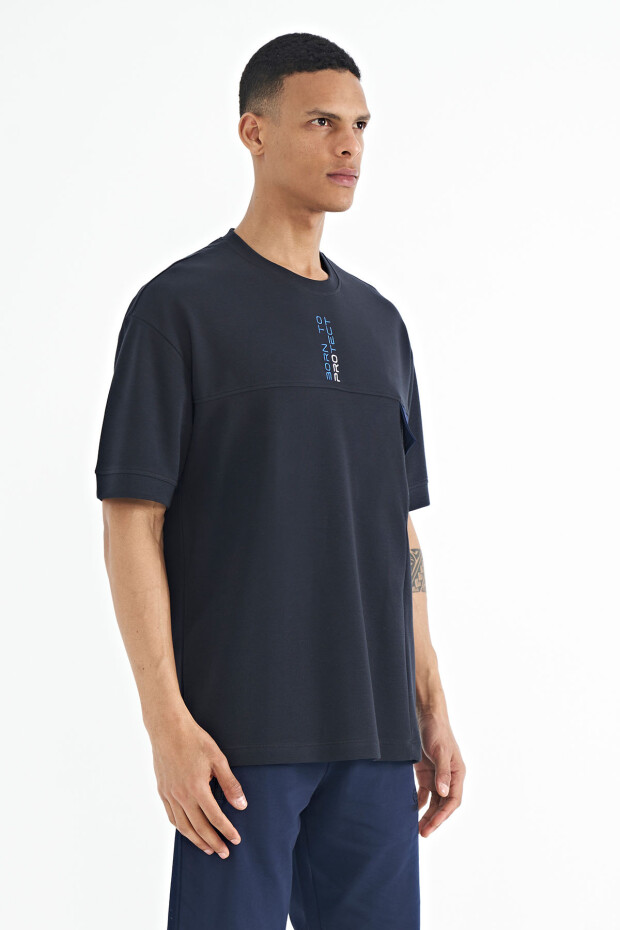 Lacivert Gizli Cep Detaylı Baskılı Oversize Erkek T-shirt - 88244