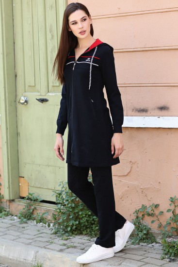 Lacivert Kapüşonlu Fermuar Cepli Rahat Form Klasik Paça Kadın Eşofman Tunik Takım - 95131 - Thumbnail