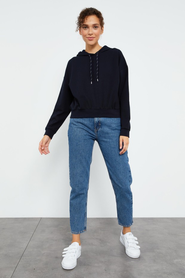 Lacivert Uzun Kol Rahat Form Kapüşonlu Kadın Sweatshirt - 97115