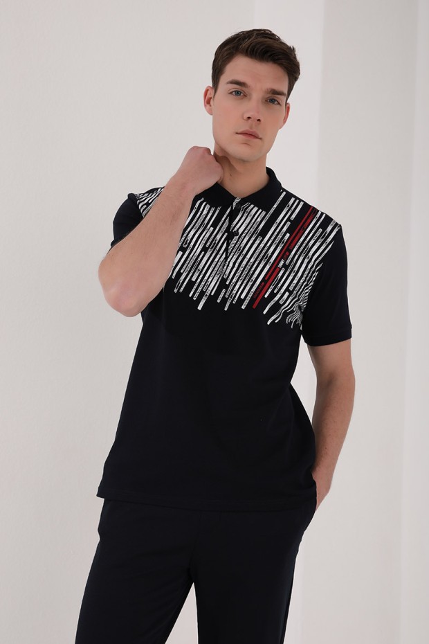 Lacivert Kesik Çubuk Baskılı Standart Kalıp Polo Yaka Erkek T-Shirt - 87963