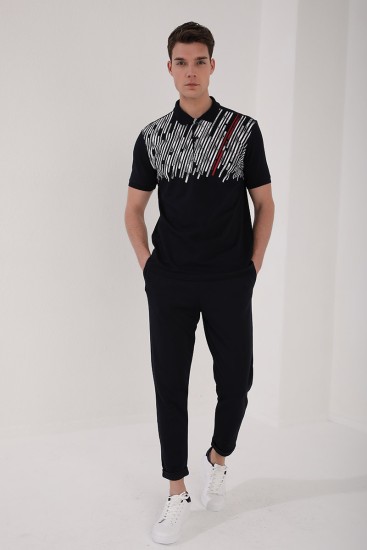 Lacivert Kesik Çubuk Baskılı Standart Kalıp Polo Yaka Erkek T-Shirt - 87963 - Thumbnail