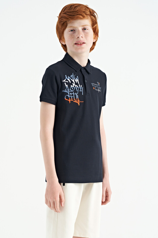 Lacivert Yazı Nakış Detaylı Standart Kalıp Polo Yaka Erkek Çocuk T-Shirt - 11085