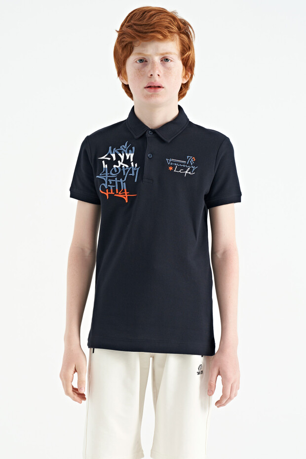 Lacivert Yazı Nakış Detaylı Standart Kalıp Polo Yaka Erkek Çocuk T-Shirt - 11085
