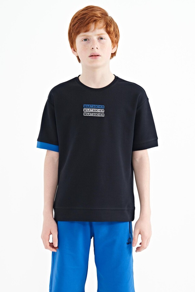 Lacivert Yazı Nakışlı O Yaka Oversize Erkek Çocuk T-Shirt - 11146