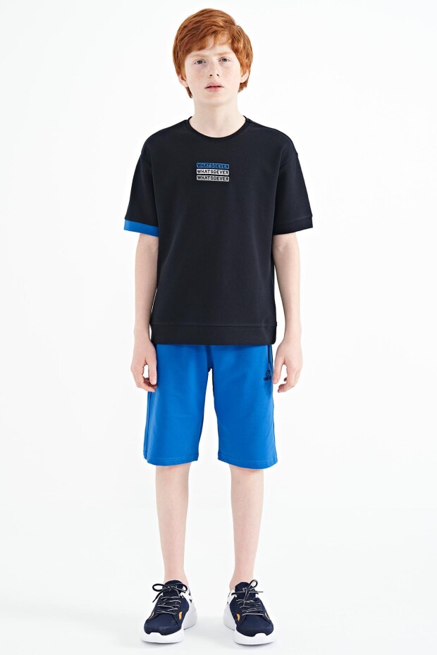 Lacivert Yazı Nakışlı O Yaka Oversize Erkek Çocuk T-Shirt - 11146