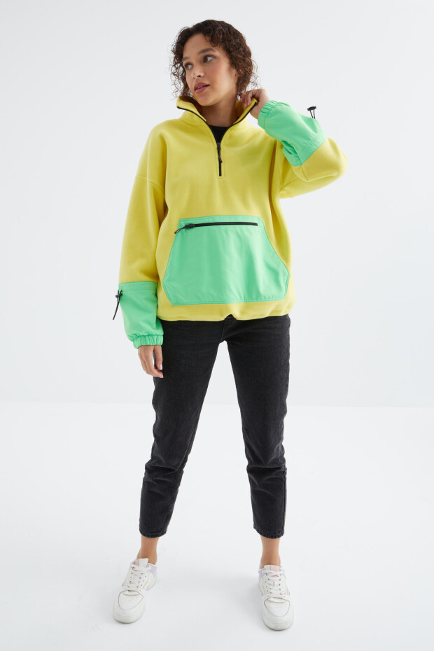 Limon Etek Ucu Büzgülü Yarım Fermuarlı Oversize Kadın Polar Sweatshirt - 97238