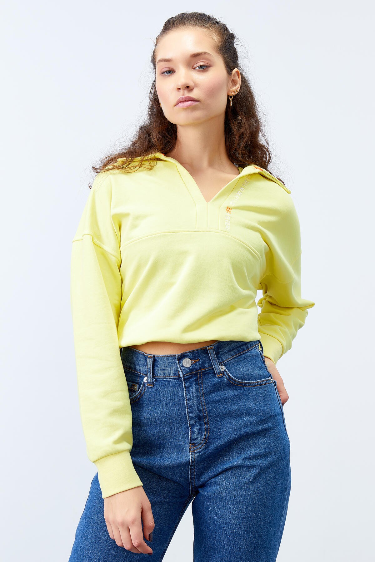 TommyLife - Limon Polo Yaka Etek Ucu Büzgülü Kadın Oversize Sweatshirt - 97180