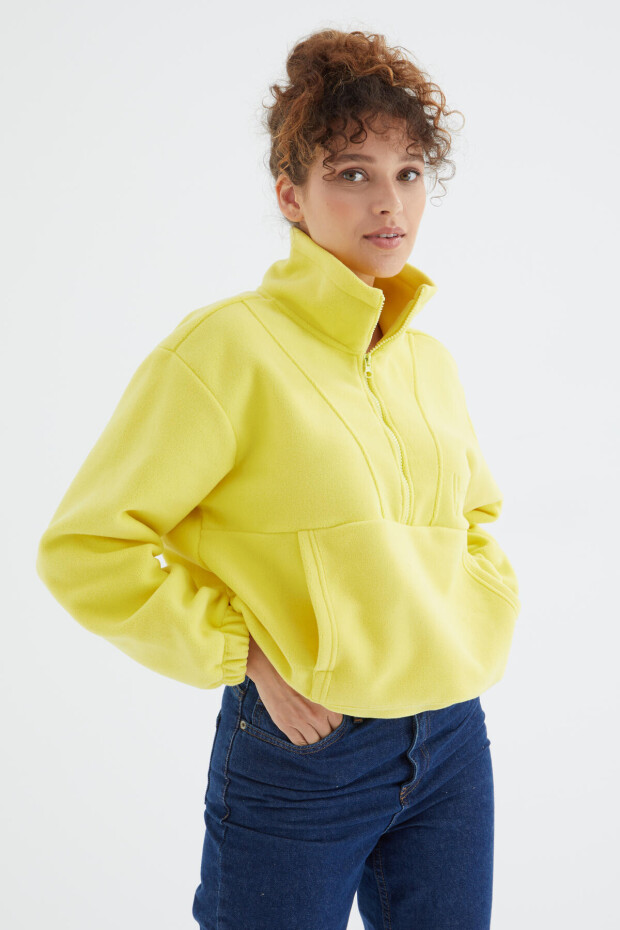 Limon Yarım Fermuar Etek Ucu Büzgülü Kadın Polar Oversize Sweatshirt - 97171