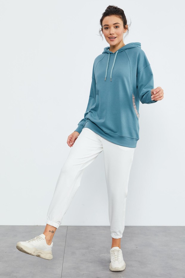 Mint Yeşili Büzgü Cepli Kapüşonlu Kadın Oversize Sweatshirt - 97179