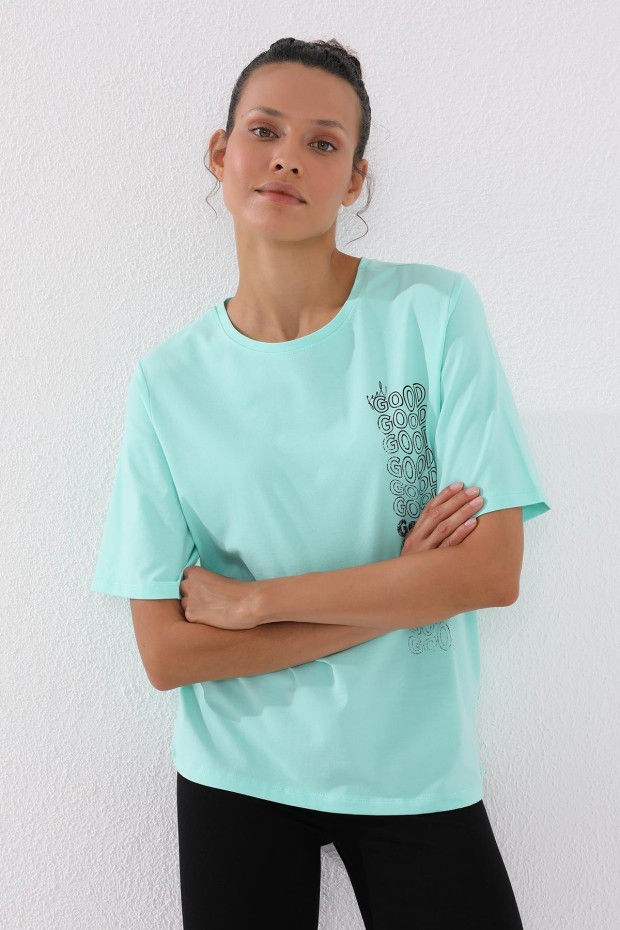 Mint Yeşili Deforme Yazı Baskılı O Yaka Kadın Oversize T-Shirt - 97134
