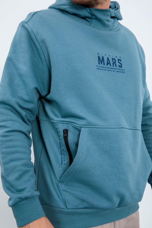 Mint Yeşili Mars Yazı Ve Sırt Baskılı Kapüşonlu Rahat Form Erkek Sweatshirt - 88032