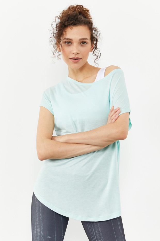 TommyLife - Mint Yeşili Basic Kısa Kol Rahat Form O Yaka Kadın T-Shirt - 97151