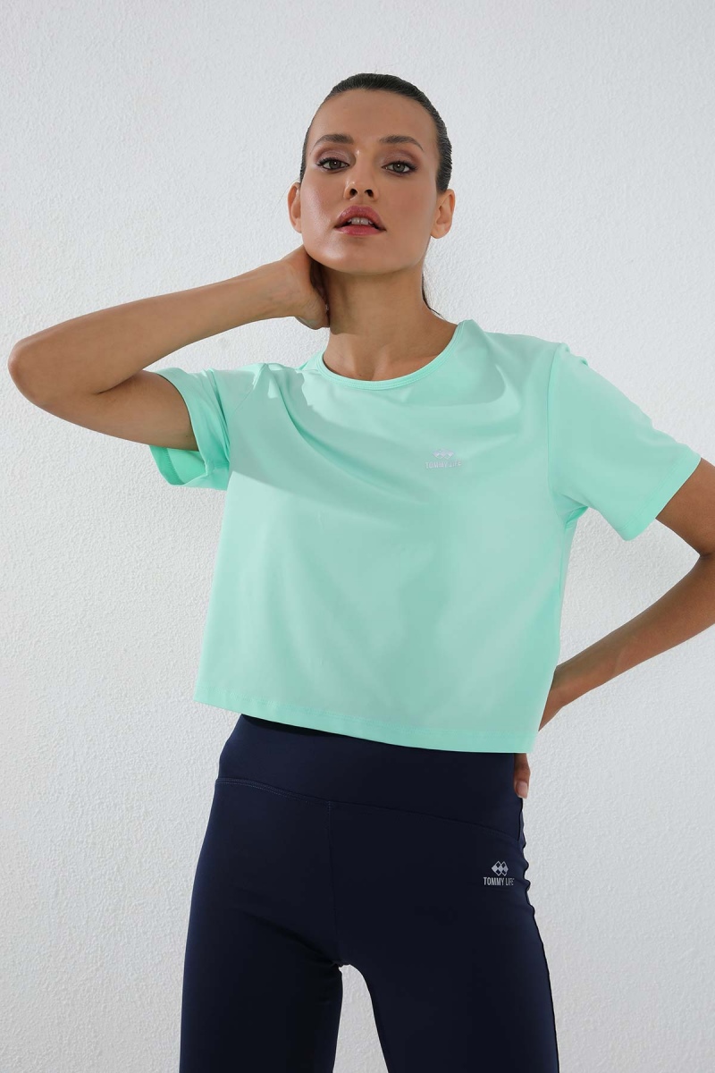 Mint Yeşili Basic Kısa Kol Standart Kalıp O Yaka Kadın Crop Top T-Shirt - 97143