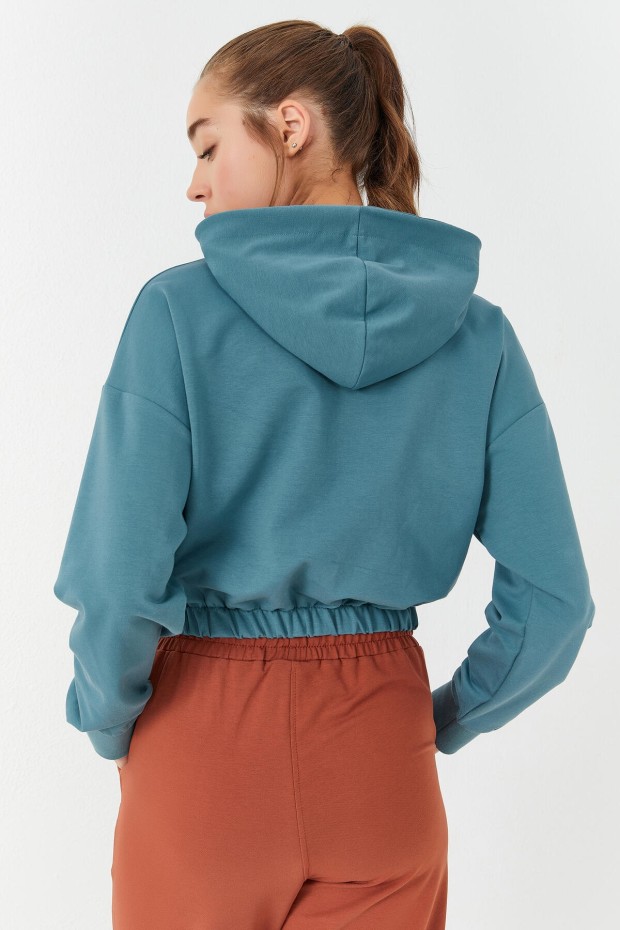 Mint Yeşili Beli Büzgülü Kapüşonlu Yarım Fermuarlı Rahat Form Kadın Crop Top Sweatshirt - 97155