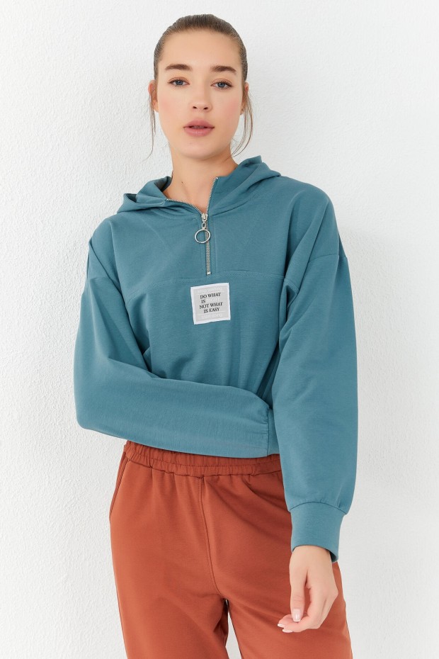 Mint Yeşili Beli Büzgülü Kapüşonlu Yarım Fermuarlı Rahat Form Kadın Crop Top Sweatshirt - 97155