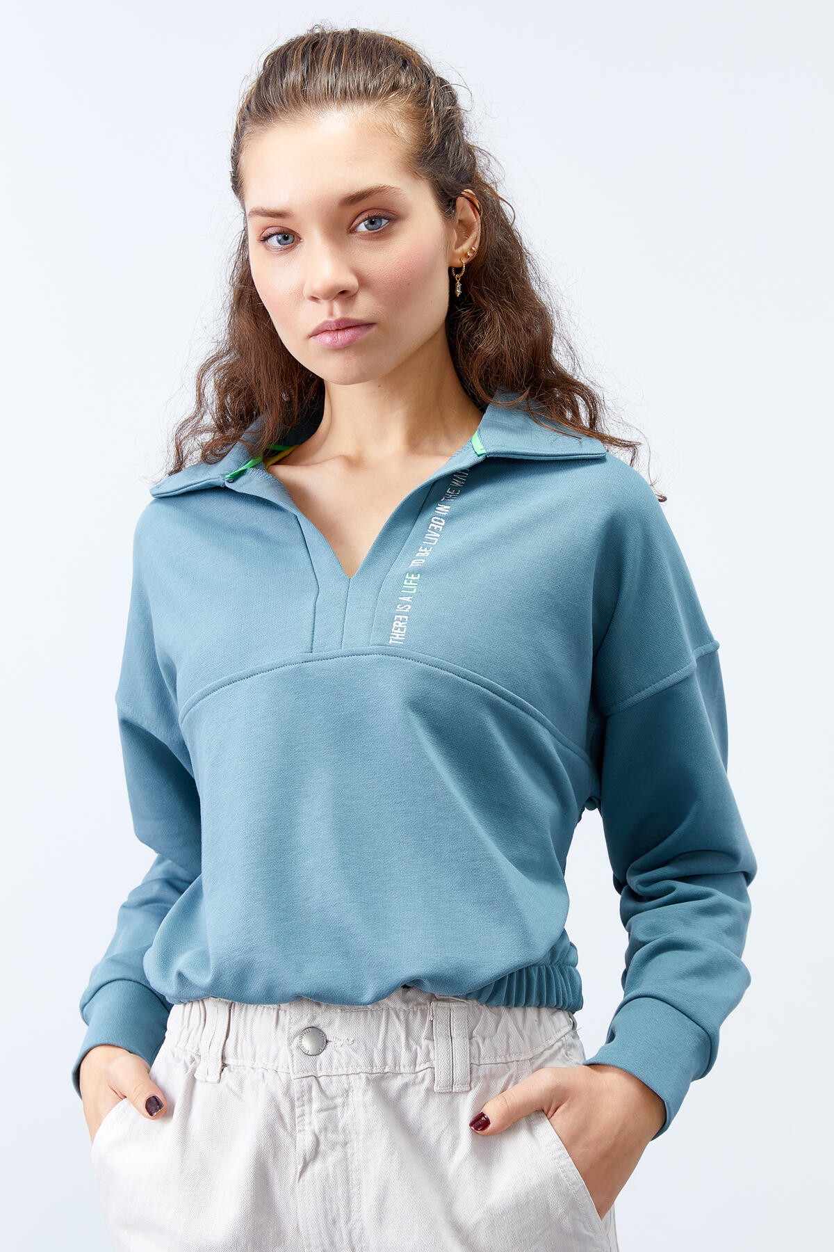 TommyLife - Mint Yeşili Polo Yaka Etek Ucu Büzgülü Kadın Oversize Sweatshirt - 97180