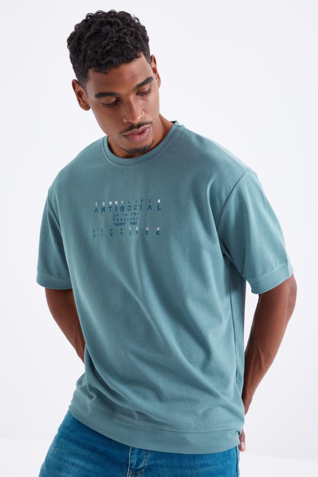 Mint Yeşili Küçük Yazı Nakışlı O Yaka Erkek Oversize T-Shirt - 88103
