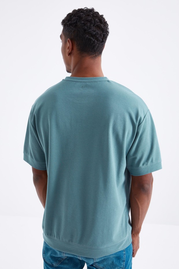 Mint Yeşili Küçük Yazı Nakışlı O Yaka Erkek Oversize T-Shirt - 88103