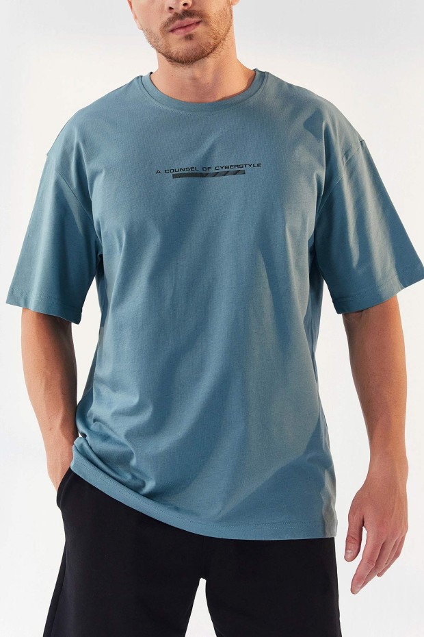 Mint Yeşili Yazı Baskılı O Yaka Erkek Oversize T-Shirt - 87984