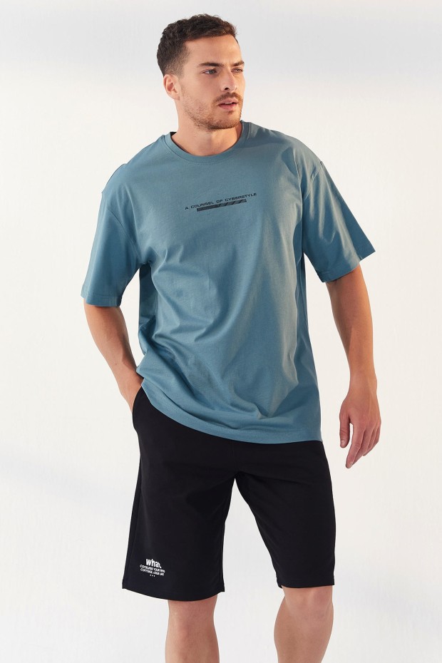 Mint Yeşili Yazı Baskılı O Yaka Erkek Oversize T-Shirt - 87984