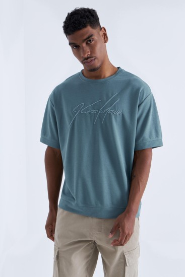 TommyLife - Mint Yeşili Yazı Nakışlı O Yaka Erkek Oversize T-Shirt - 88102