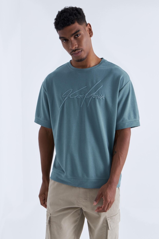 Mint Yeşili Yazı Nakışlı O Yaka Erkek Oversize T-Shirt - 88102