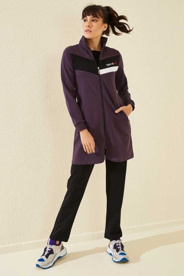 Mor - Siyah Dik Yaka Fermuar Cepli Standart Kalıp Klasik Paça Kadın Eşofman Tunik Takım - 95206 - Thumbnail