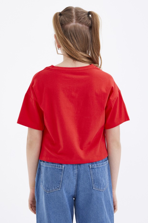 Nar Çiçeği Oversize Renkli Yazı Baskılı Düşük Omuz O Yaka Kız Çocuk Crop T-Shirt - 75038