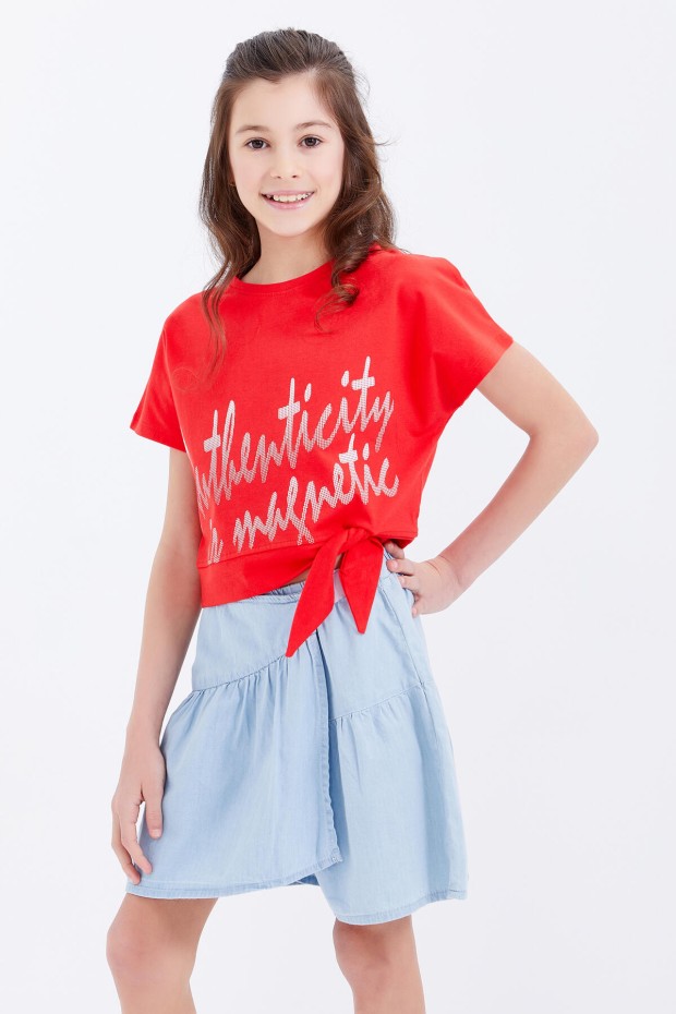 Nar Çiçeği Oversize Yazı Baskılı Beli Bağlama Detaylı O Yaka Kız Çocuk T-Shirt - 75045