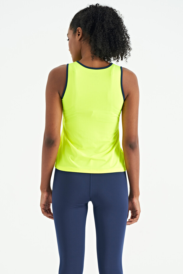 Neon Sarı Logo Baskılı Biye Şeritli Standart Kalıp Kadın Spor Atlet - 97255