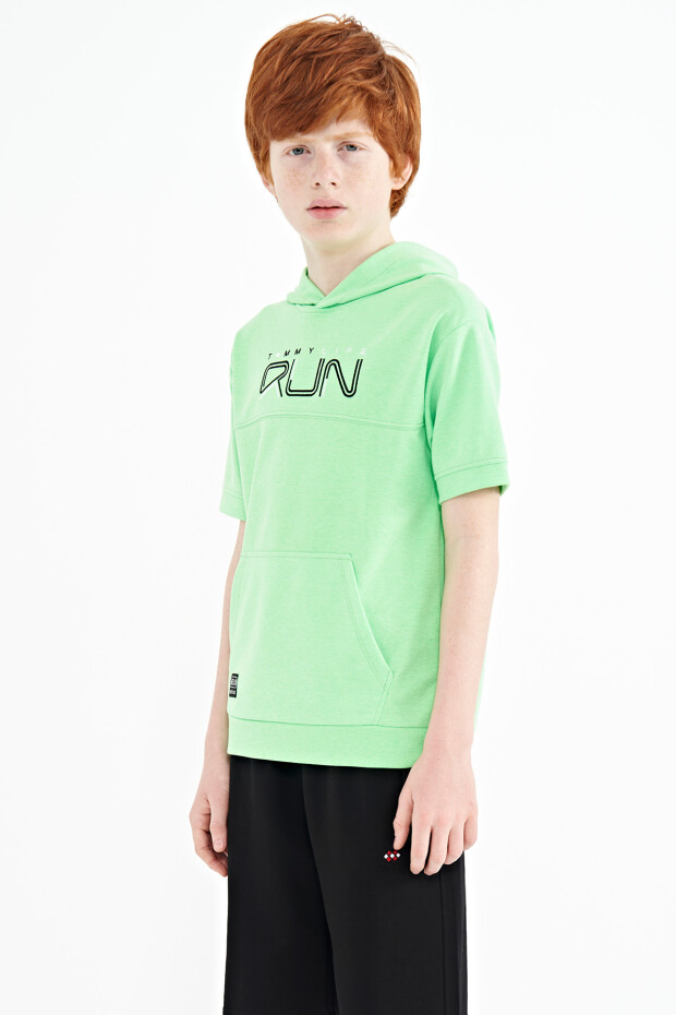 Neon Yeşil Kanguru Cepli Kapüşonlu Oversize Erkek Çocuk T-Shirt - 11160