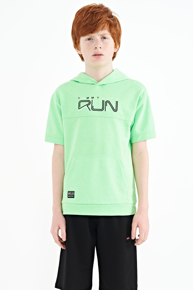 Neon Yeşil Kanguru Cepli Kapüşonlu Oversize Erkek Çocuk T-Shirt - 11160