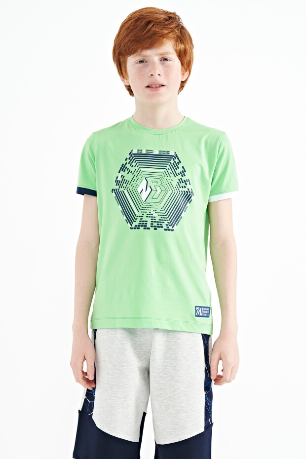 Neon Yeşil Kol Ucu Renkli Detaylı Baskılı Standart Kalıp Erkek Çocuk T-Shirt - 11156