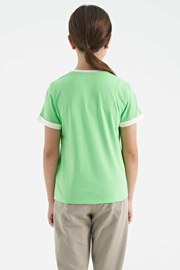 Neon Yeşil Renkli Yazı Detaylı O Yaka Rahat Form Kız Çocuk T-Shirt - 75109